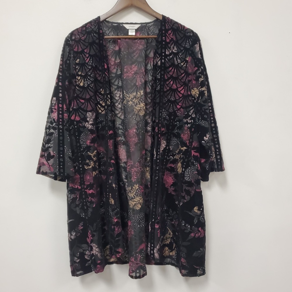Cj Banks Womens Open Front Velvet Burnout Kimono Size 3X Sheer Dark Romantic
